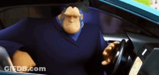 A Cartoon Character Is Sitting In The Driver 'S Seat Of A Blue Car . GIF