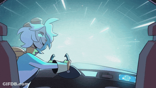 Cartoon Character Sitting In Space Ship Driver's Seat GIF