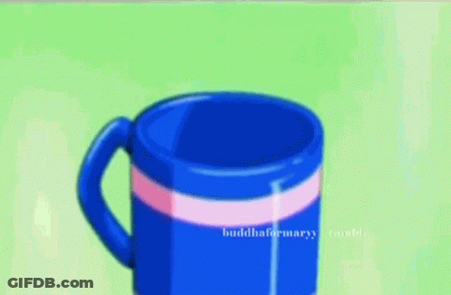 A Cartoon Character Is Sitting Inside Of A Blue Coffee Cup GIF