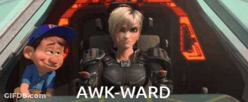 A Cartoon Character Is Sitting Next To Another Character And The Words Awk-Ward Are Above Them GIF