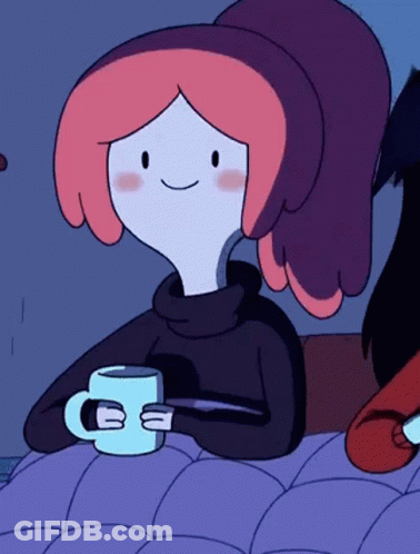 A Cartoon Character Is Sitting On A Bed Holding A Cup GIF