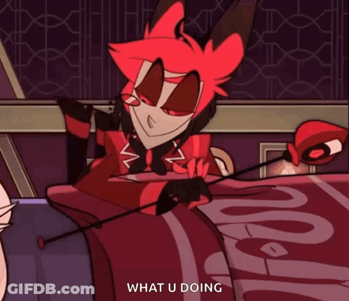 A Cartoon Character Is Sitting On A Bed Holding A Stick And Saying `` What Are You Doing '' . GIF