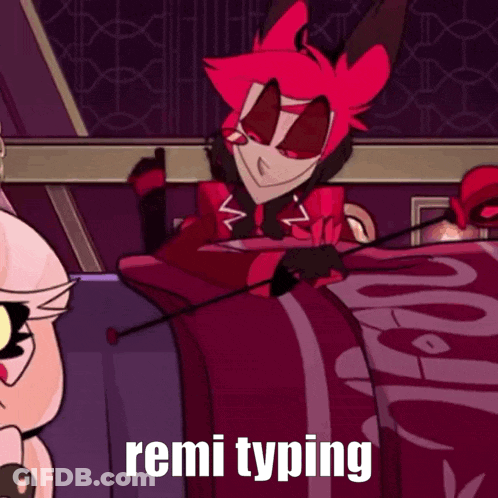 A Cartoon Character Is Sitting On A Bed With The Words Remi Typing Behind Him GIF