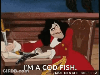 A Cartoon Character Is Sitting On A Bench And Says `` I 'M A Cod Fish '' . GIF