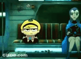 A Cartoon Character Is Sitting On A Bench Next To A Raven GIF