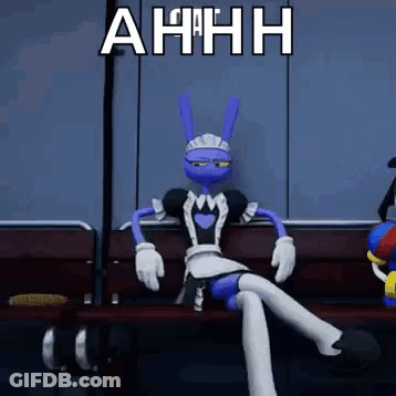 A Cartoon Character Is Sitting On A Bench Wearing A Maid Outfit And A Sign That Says Ahhh . GIF