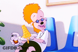 A Cartoon Character Is Sitting On A Blue Chair Holding A Bottle Of Honey GIF