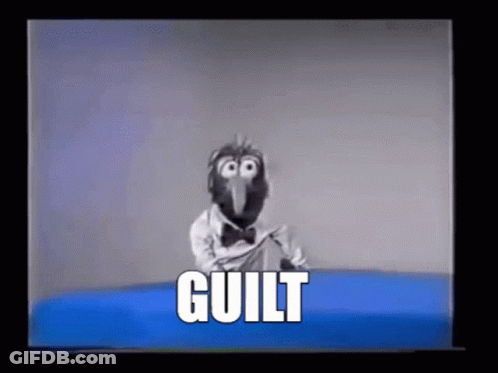 A Cartoon Character Is Sitting On A Blue Couch With The Word Guilt Written On It . GIF