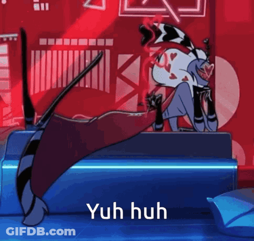 A Cartoon Character Is Sitting On A Blue Couch With The Words Yuh Huh Written On The Bottom GIF