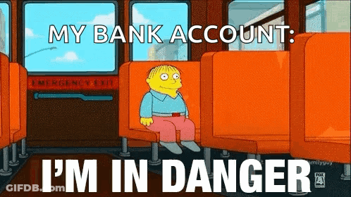 A Cartoon Character Is Sitting On A Bus With The Words `` My Bank Account I 'M In Danger '' . GIF