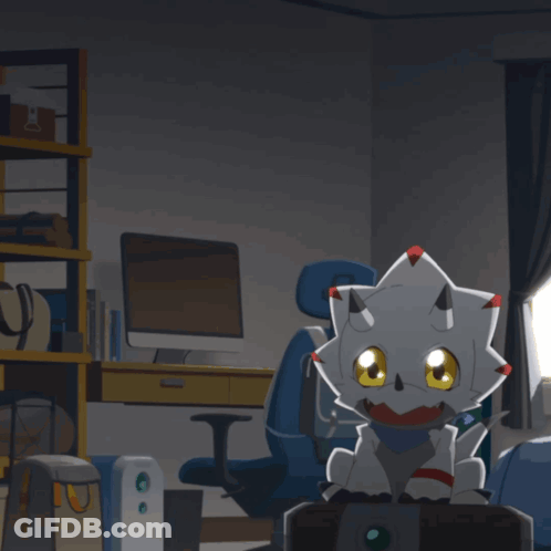 A Cartoon Character Is Sitting On A Chair With A Bag On It GIF