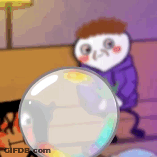A Cartoon Character Is Sitting On A Couch And Looking At A Glass Ball . GIF