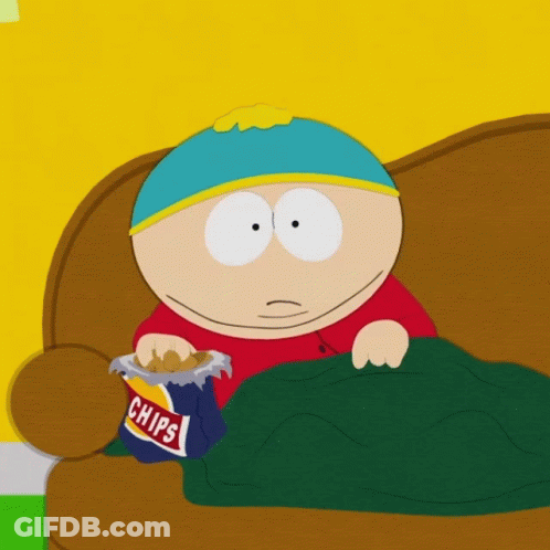 A Cartoon Character Is Sitting On A Couch Eating Chips GIF
