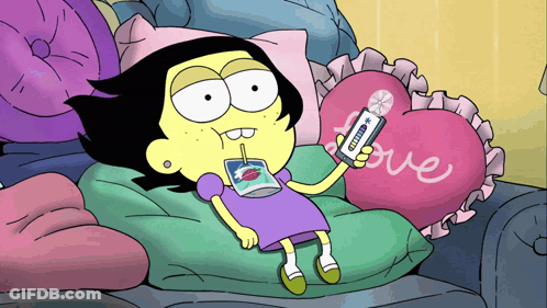 A Cartoon Character Is Sitting On A Couch Holding A Remote Control And A Drink Through A Straw GIF