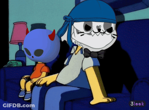 A Cartoon Character Is Sitting On A Couch Next To Another Character With A 3Look Sticker On The Bottom Right GIF