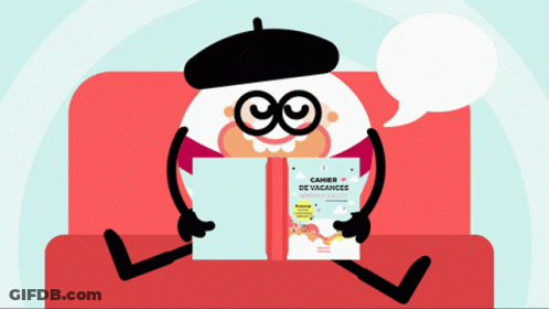 A Cartoon Character Is Sitting On A Couch Reading A Book Called Cahier De Vacances GIF