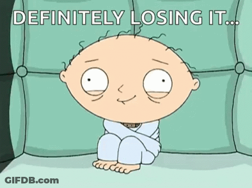 A Cartoon Character Is Sitting On A Couch With The Words " Definitely Losing It " Behind Him GIF