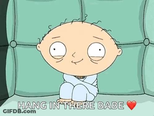 A Cartoon Character Is Sitting On A Couch With The Words " Hang In There Babe " Above Him GIF