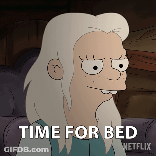 A Cartoon Character Is Sitting On A Couch With The Words Time For Bed Below Her GIF