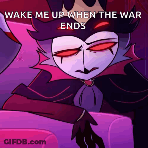 A Cartoon Character Is Sitting On A Couch With The Words Wake Me Up When The War Ends Above Him GIF