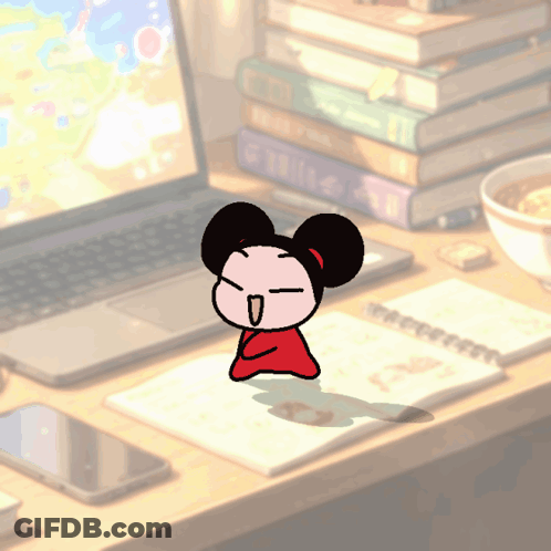 A Cartoon Character Is Sitting On A Desk With A Notebook That Says ' Pucca ' On It GIF