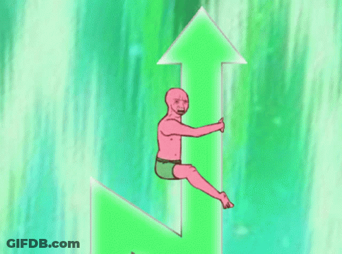 A Cartoon Character Is Sitting On A Green Arrow Pointing Upwards GIF