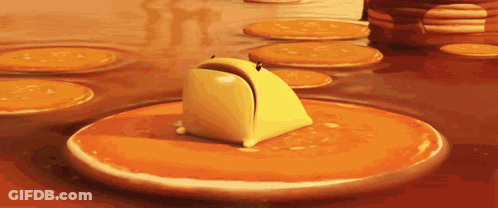 A Cartoon Character Is Sitting On A Pancake With A Slice Of Toast Sticking Out Of It GIF
