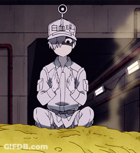 A Cartoon Character Is Sitting On A Pile Of Dirt Wearing A Hat That Says " White Blood Cell " GIF