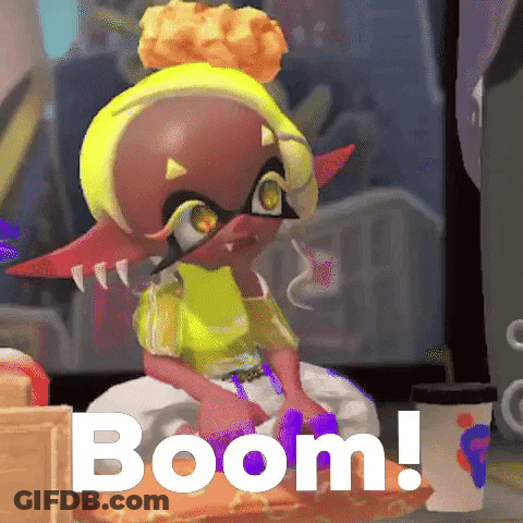 A Cartoon Character Is Sitting On A Pillow With The Word Boom Written Next To Her . GIF