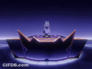 A Cartoon Character Is Sitting On A Podium With A Purple Background GIF