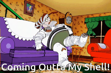 A Cartoon Character Is Sitting On A Purple Couch With The Words Coming Outta My Shell Below Him GIF