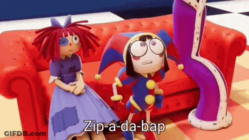 A Cartoon Character Is Sitting On A Red Couch Next To Another Cartoon Character . GIF