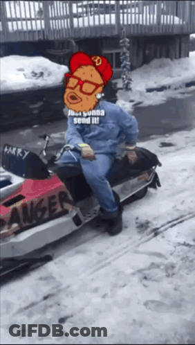 A Cartoon Character Is Sitting On A Snowmobile With The Words Just Gonna Send It GIF