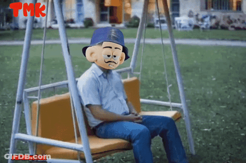 A Cartoon Character Is Sitting On A Swing With Tmk On The Bottom Right GIF