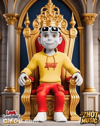 A Cartoon Character Is Sitting On A Throne With The Words Love Laughter Wisdom On The Bottom Right GIF