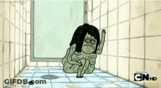 A Cartoon Character Is Sitting On A Tiled Floor In A Bathroom With A Drain . GIF