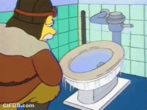 A Cartoon Character Is Sitting On A Toilet With Ice On It GIF
