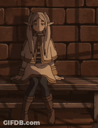 A Cartoon Character Is Sitting On A Wooden Bench In Front Of A Brick Wall GIF