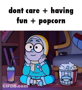 A Cartoon Character Is Sitting On The Floor Eating Popcorn And Drinking Soda . GIF