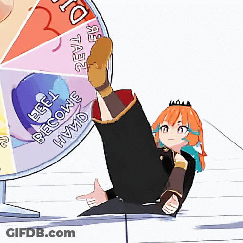 A Cartoon Character Is Sitting On The Floor Next To A Wheel That Says Become Owah On It GIF