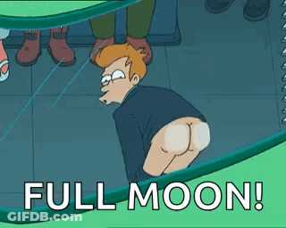 A Cartoon Character Is Sitting On The Floor With His Butt Up And The Words `` Full Moon ! '' GIF
