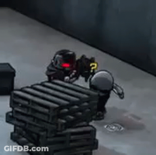 A Cartoon Character Is Sitting On Top Of A Stack Of Black Crates . GIF