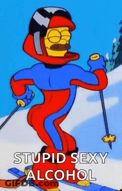 A Cartoon Character Is Skiing Down A Snow Covered Slope With The Words Stupid Sexy Alcohol Above Him GIF