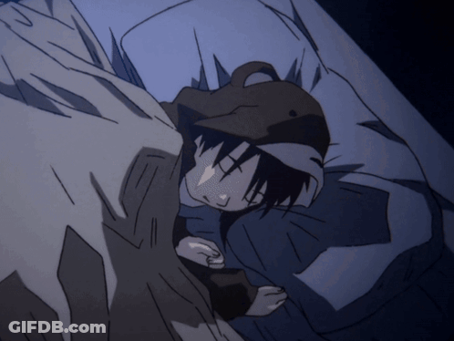A Cartoon Character Is Sleeping In A Bed With A Hat On GIF