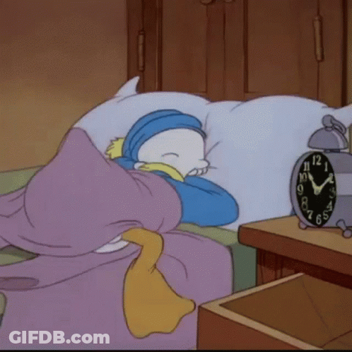 A Cartoon Character Is Sleeping On A Bed Next To An Alarm Clock That Shows The Time As 6:55 GIF