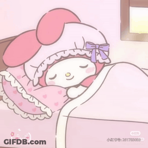 A Cartoon Character Is Sleeping On A Bed With A Purple Bow On Her Head GIF