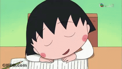 A Cartoon Character Is Sleeping On A Desk With Her Head On A Book . GIF