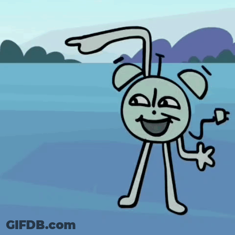 A Cartoon Character Is Smiling And Holding An Electric Plug In His Hand . GIF