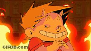 A Cartoon Character Is Smiling In Front Of A Building That Is On Fire GIF