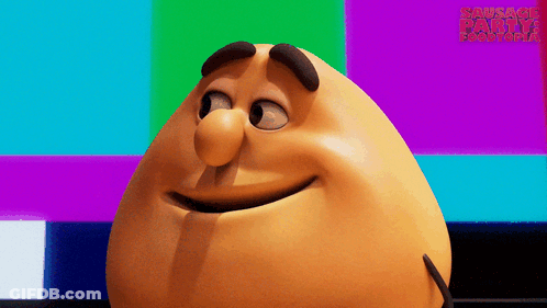 A Cartoon Character Is Smiling In Front Of A Screen That Says Sausage Party GIF